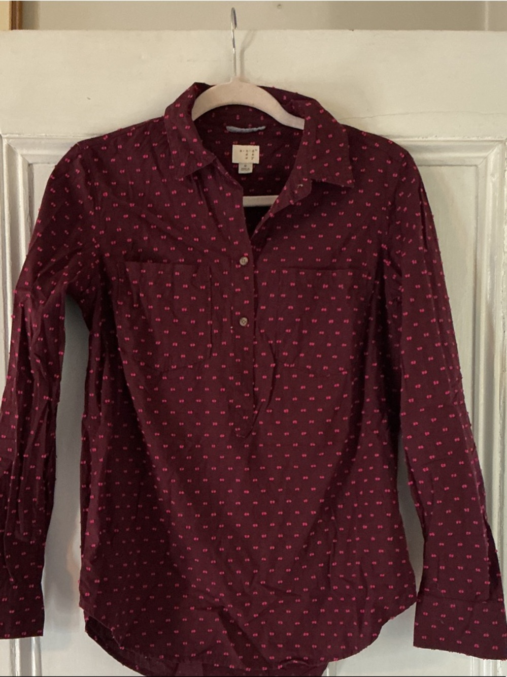 a new day Burgundy Button-Front Long-Sleeve Shirt with Pink Micro Dot Print